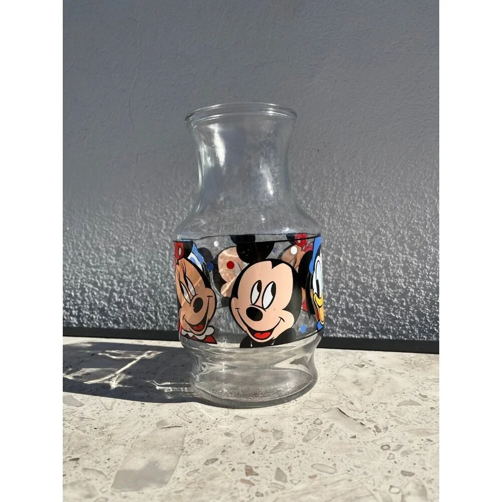 DISNEY Vintage‎ 1986 Mickey Minnie Daffy Duck Glass Carafe Pitcher Decanter Vase